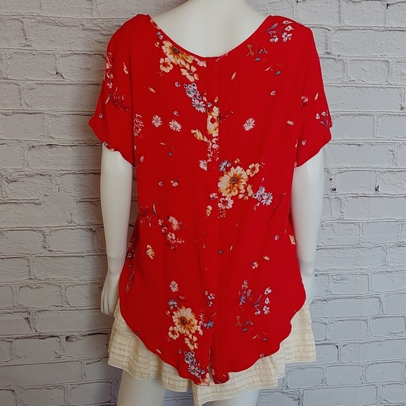 Abbey Floral Torrid Crinkle Gauze Button Back Red Blouse 18 20 2X - Picture 4 of 7
